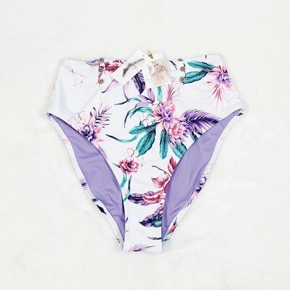 NWT Jessica Simpson White FloralHigh Waisted Bikini Swim Bottoms